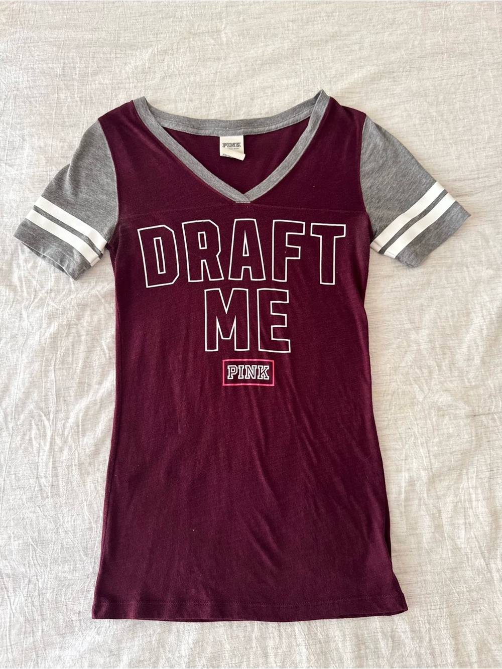 PINK Victoria's Secret Football Burgundy Maroon 'Draft Me' V-Neck Tee VS
